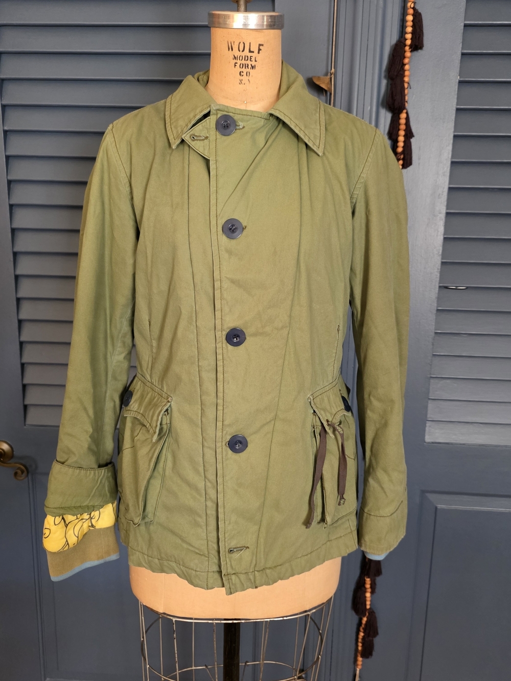 VTG Diesel Canvas Military Field Jacket Olive Green Yellow Graphic Lining